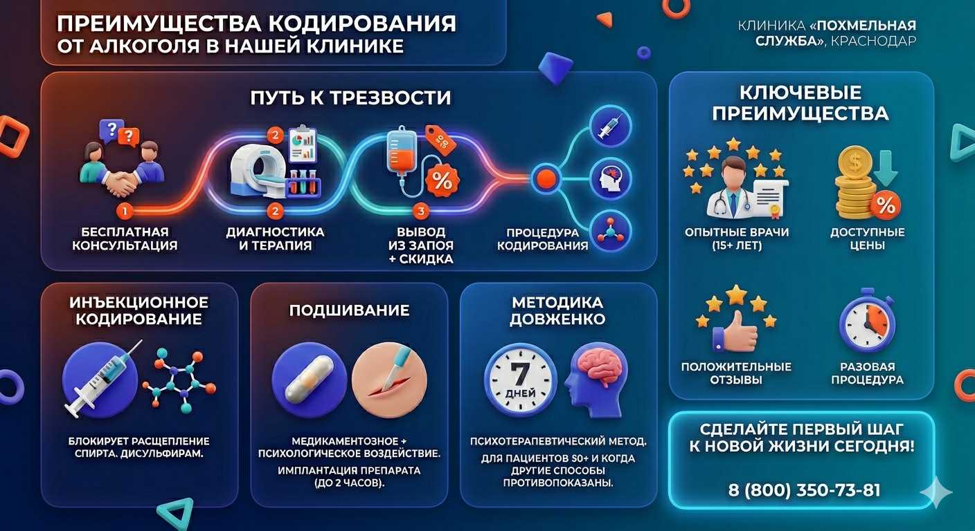 Инфографика о методах кодирования от алкоголя в Чунском: инъекции, подшивание, метод Довженко. Преимущества клиники и этапы лечения.
